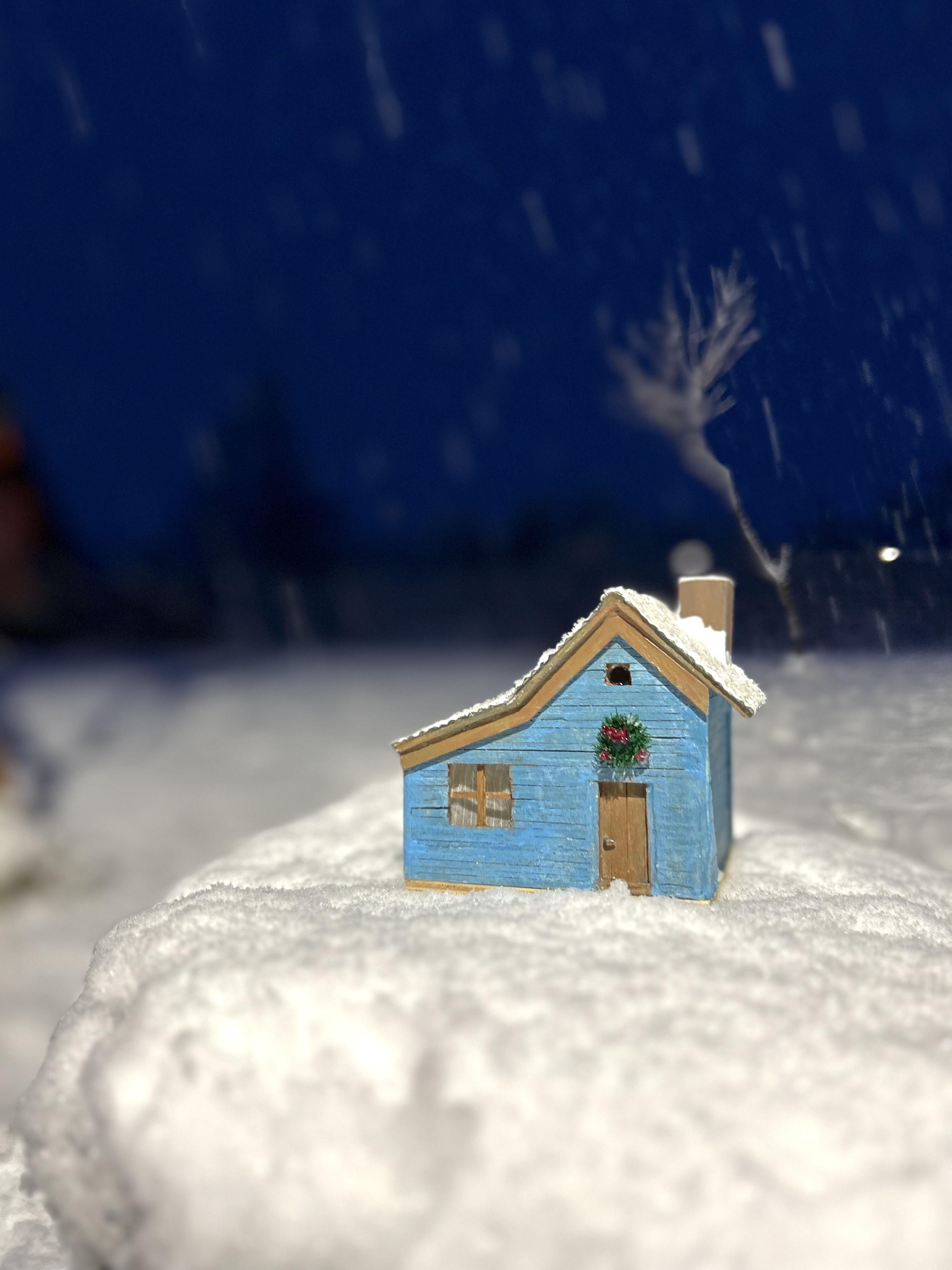 Blue cottage in the snow